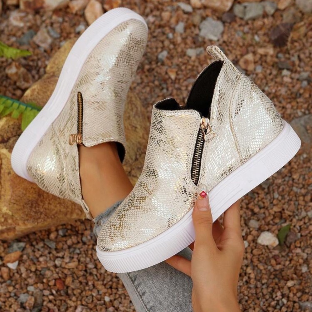 Vegan Suede Slip on Zip Up Cute Gold Foil Bootie